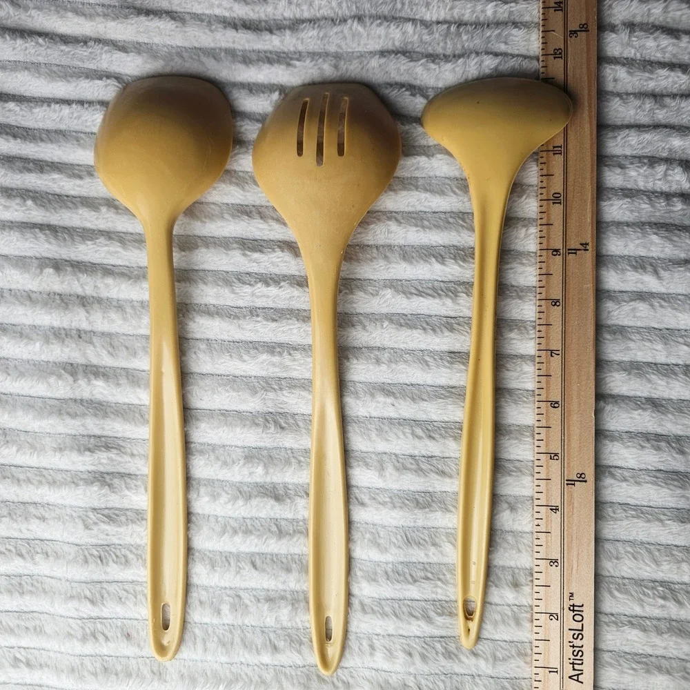 Vintage 3 Piece Melamine Kitchen Tool Set OS MCM Retro Harvest Gold Utensils